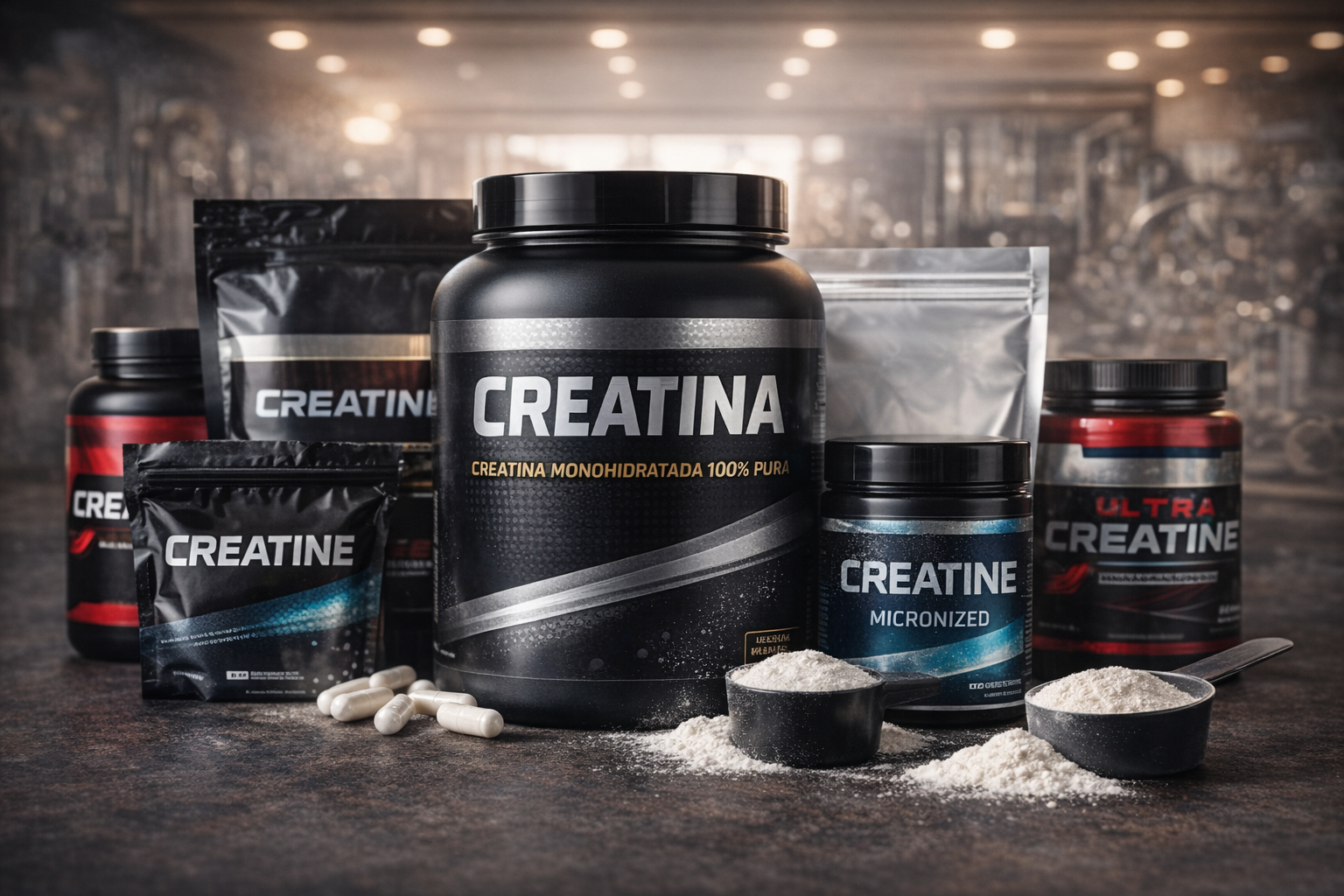 Creatina monoidratada em pó ao lado de equipamentos de academia, representando suplementação para força e desempenho muscular.