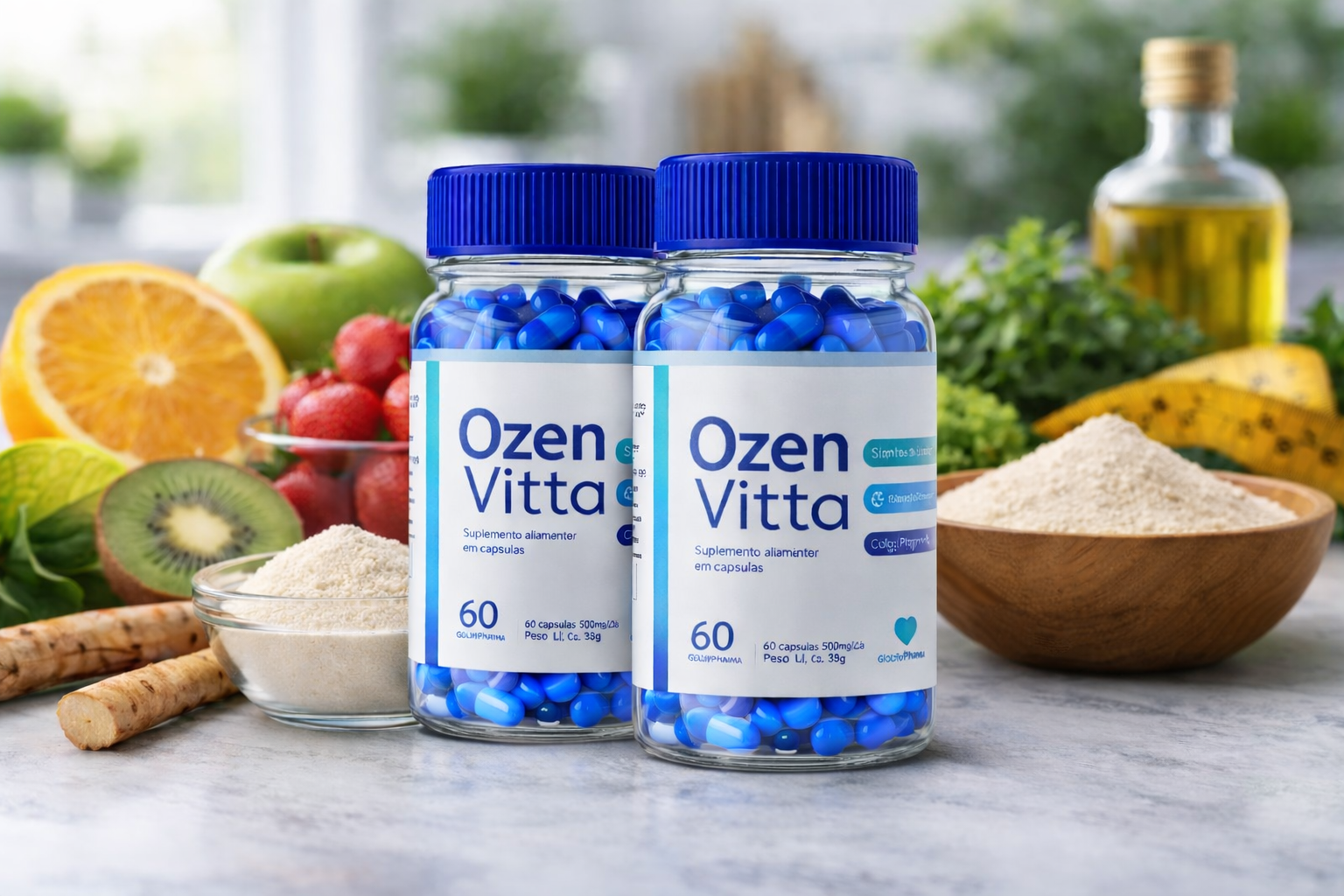 Frascos do suplemento Ozen Vitta com cápsulas azuis sobre bancada, cercados por ingredientes naturais como frutas, fibras e ervas.