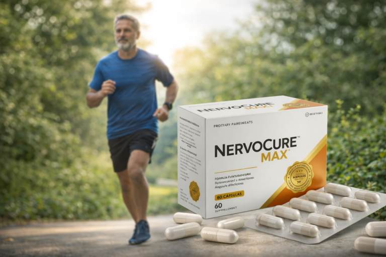 Imagem realista do suplemento Nervocure Max em cápsulas, com embalagem e blister em primeiro plano, enquanto um homem adulto corre ao fundo em ambiente externo, representando movimento e estilo de vida ativo.
