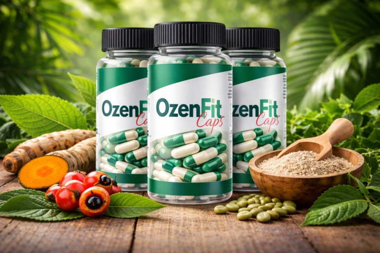 Frascos do suplemento OzenFit Caps com cápsulas verdes e brancas, cercados por ingredientes naturais como cúrcuma, guaraná e café verde.