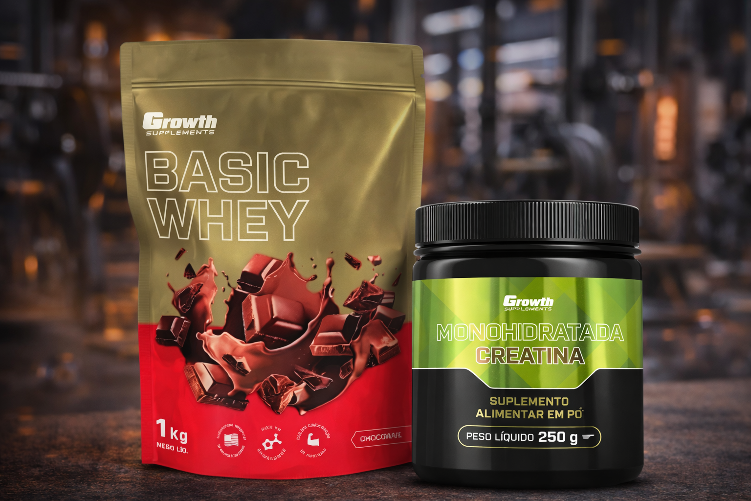 Suplementos esportivos whey protein e creatina em cenário de academia com iluminação profissional