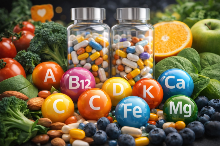 Vitaminas e minerais essenciais representados por suplementos e alimentos naturais