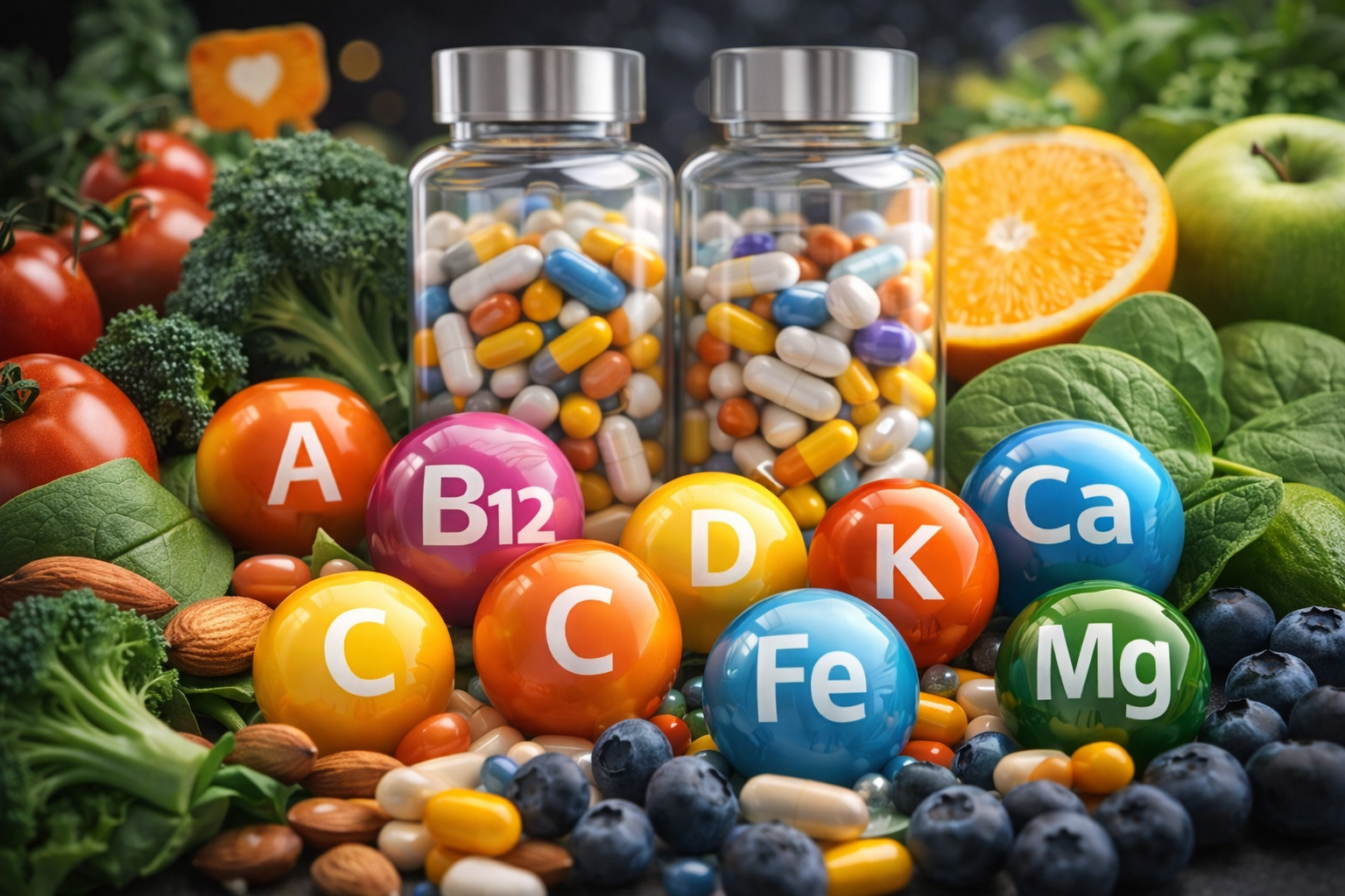 Vitaminas e minerais essenciais representados por suplementos e alimentos naturais
