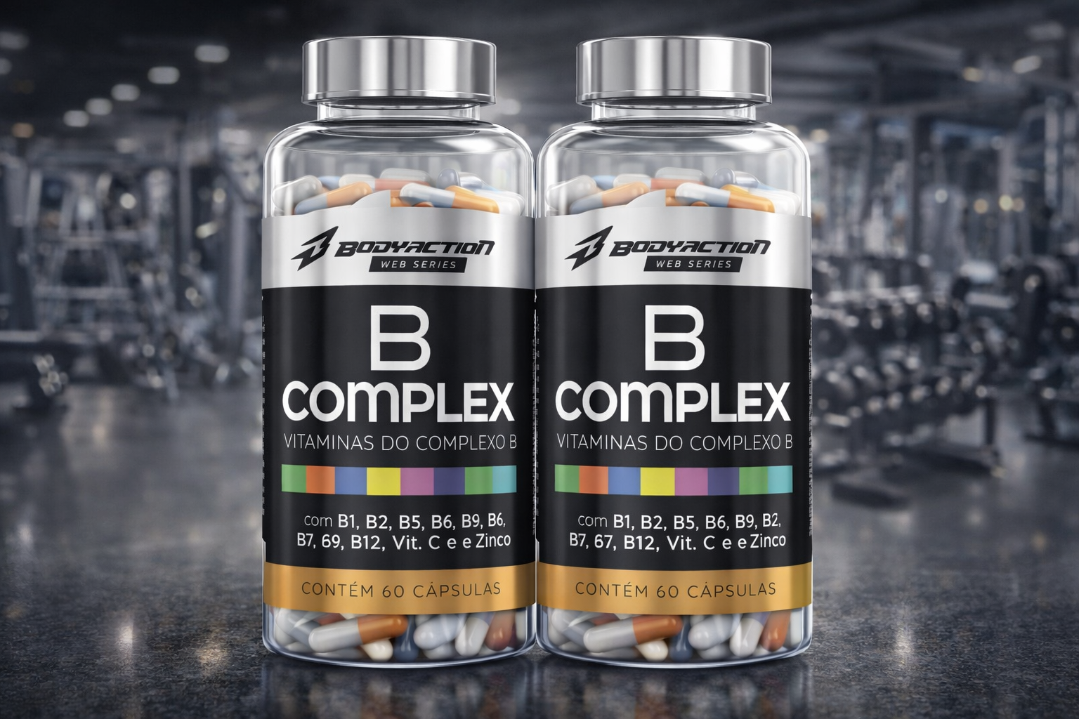 Suplemento B Complex BodyAction com vitaminas do complexo B em cápsulas, frascos com 60 cápsulas