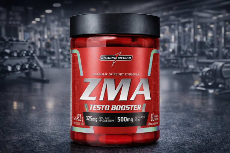 Suplemento ZMA Testo Booster Integralmedica em cenário de academia moderna, frasco em destaque com iluminação profissional