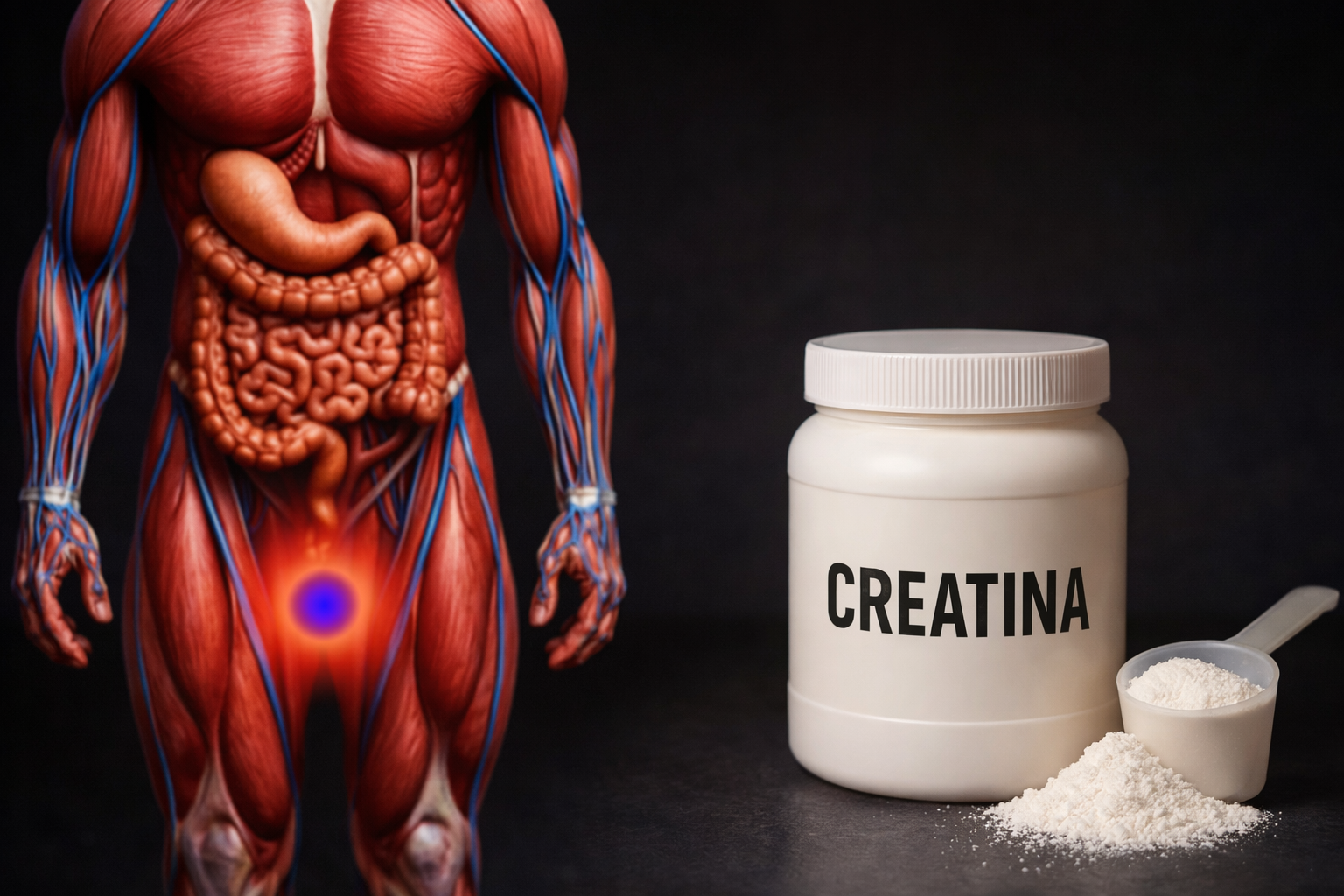 Imagem ilustrativa do corpo humano com foco no sistema muscular e digestivo ao lado de um pote de creatina em pó