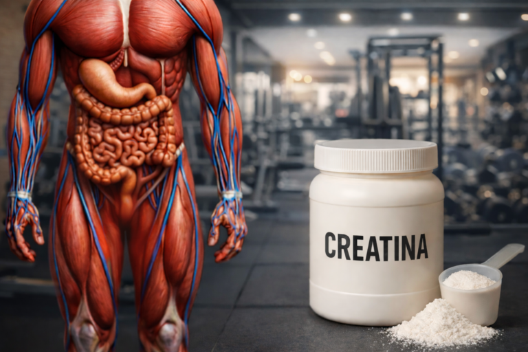Imagem ilustrativa do corpo humano com foco no sistema muscular e digestivo ao lado de um pote de creatina em pó