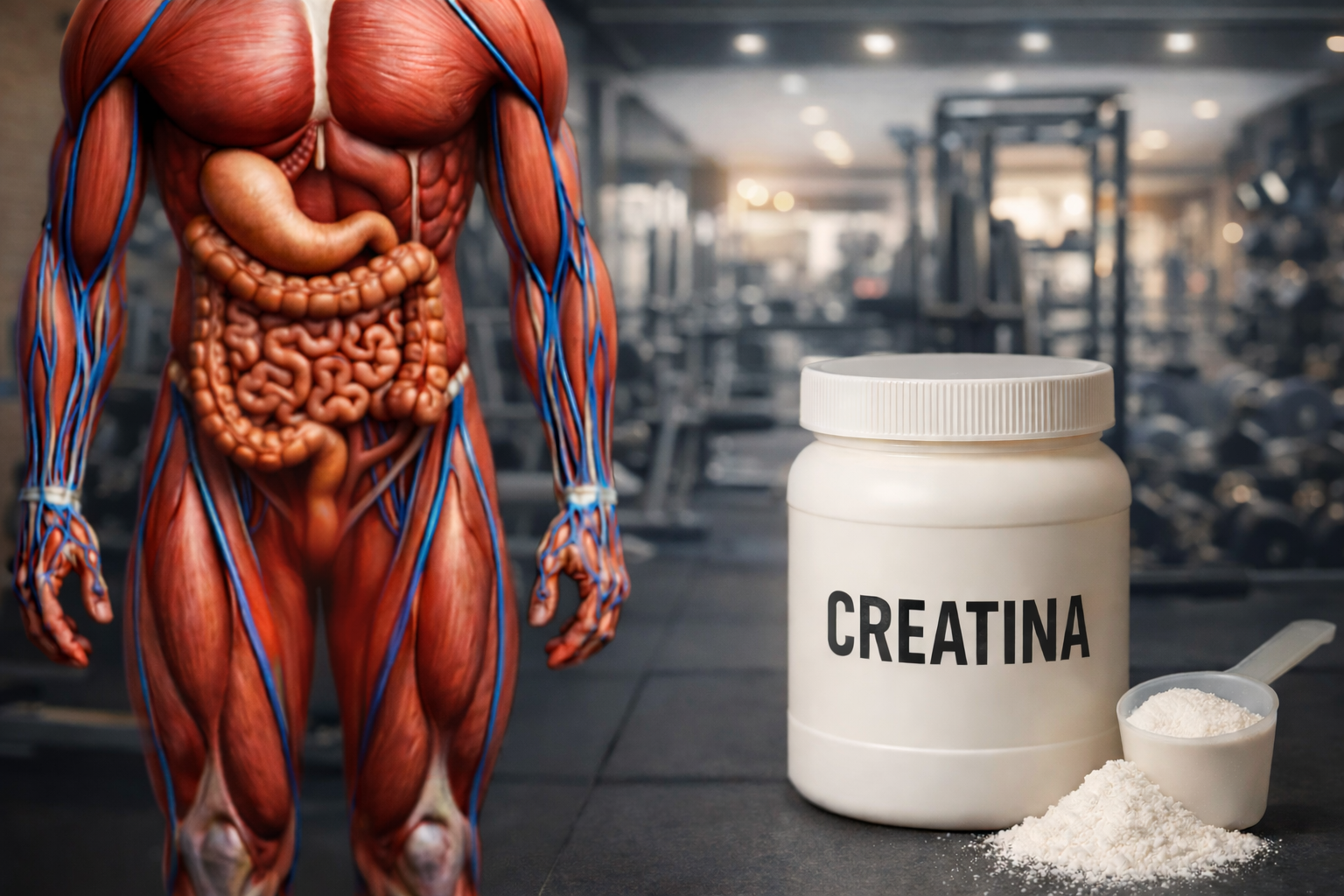 Imagem ilustrativa do corpo humano com foco no sistema muscular e digestivo ao lado de um pote de creatina em pó