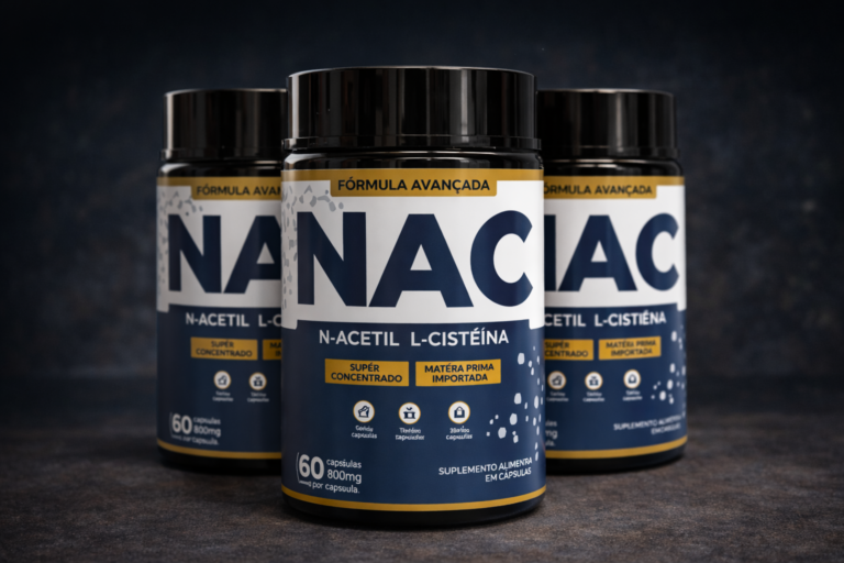 Suplemento NAC N-acetil L-cisteína em cápsulas, frascos alinhados em fundo profissional escuro