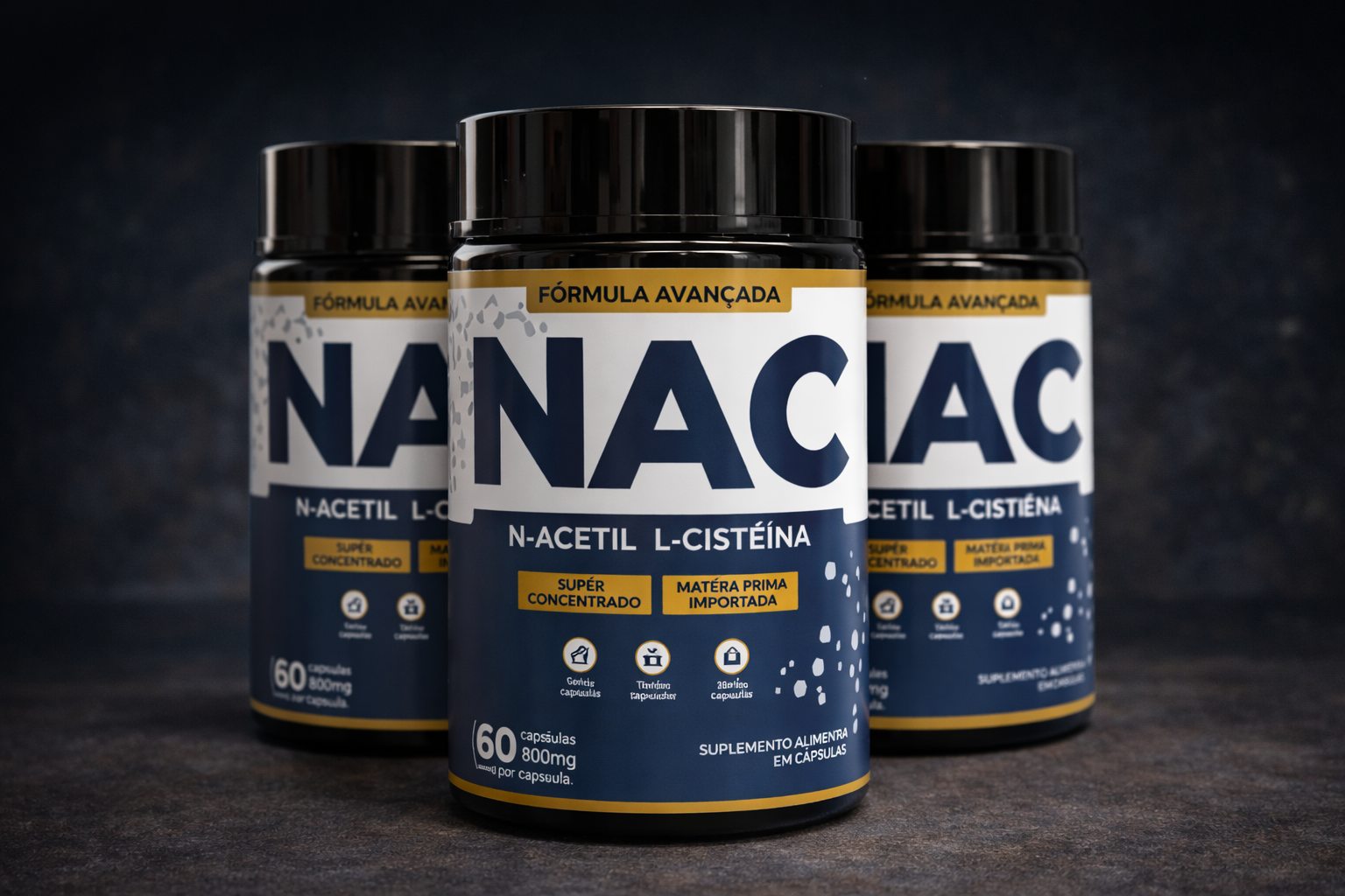 Suplemento NAC N-acetil L-cisteína em cápsulas, frascos alinhados em fundo profissional escuro