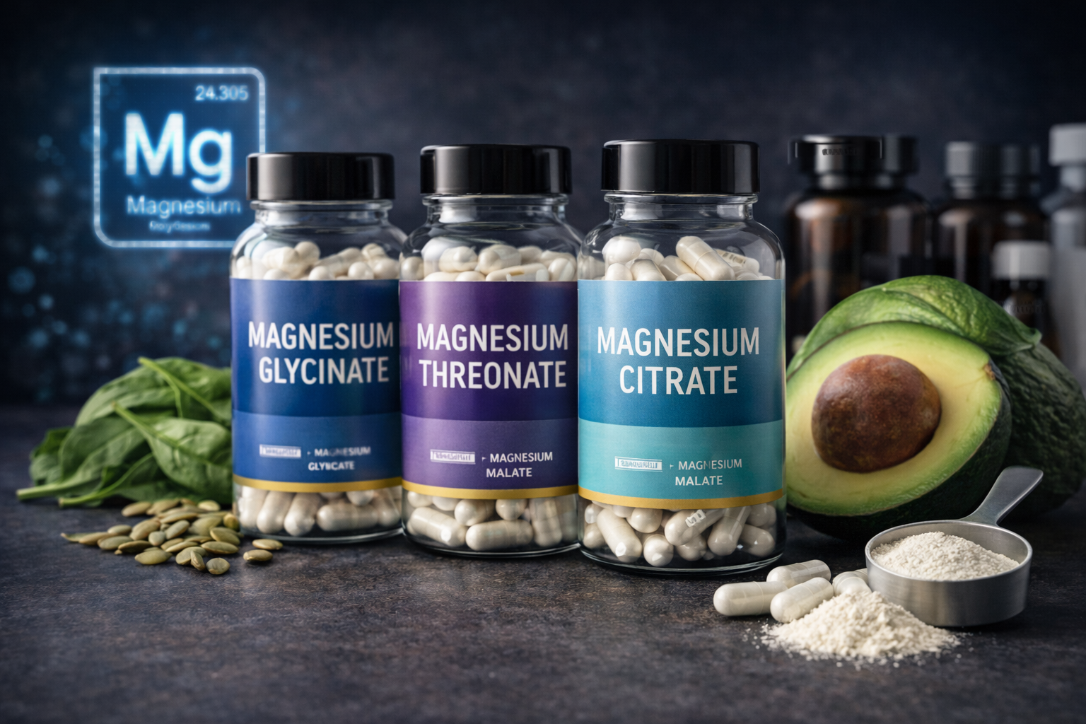 Suplementos de magnésio em diferentes formas químicas, como glicinato, treonato e citrato, ao lado de alimentos ricos em magnésio